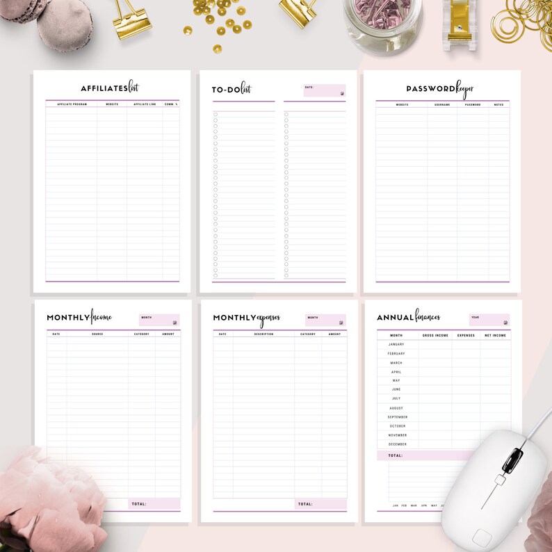 May include: Printable planner pages with a purple and white color scheme. The pages include sections for affiliates, to-do lists, passwords, monthly income, monthly expenses, and annual finances.
