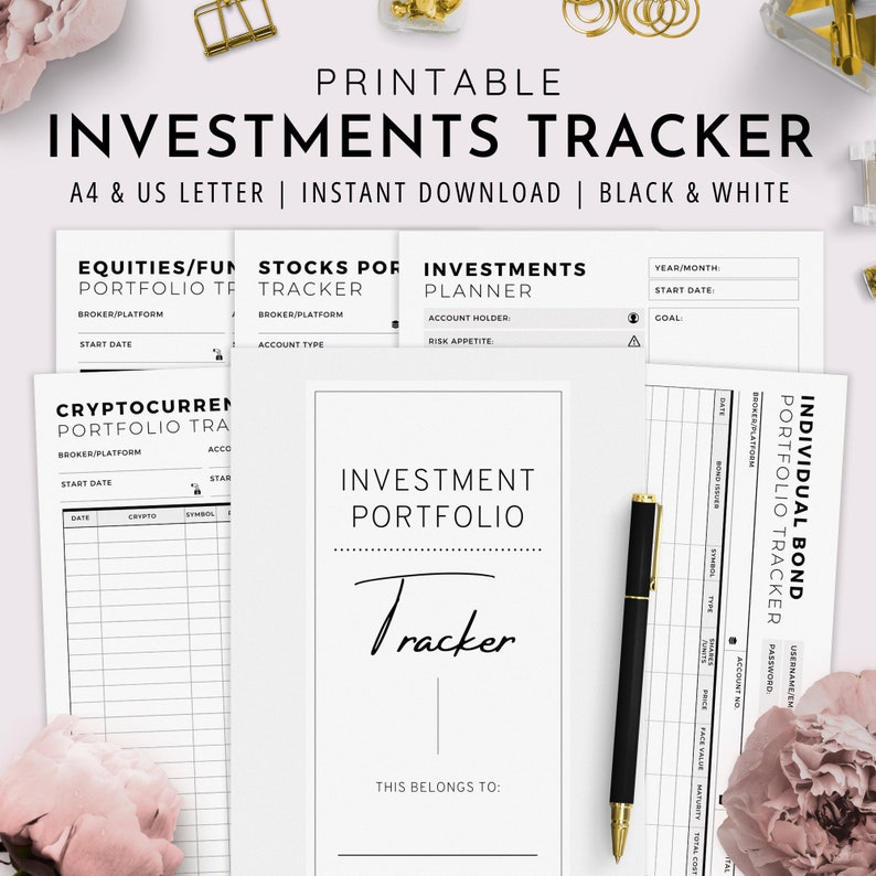 K&ouml;nnte beinhalten: Druckbare Investment-Tracker-Seiten in Schwarzwei&szlig; mit &Uuml;berschriften f&uuml;r Aktien, Aktien, Investments und Einzelanleihen. Die Seiten beinhalten Abschnitte f&uuml;r Broker/Plattform, Startdatum, Kontotyp, Kontoinhaber, Risikobereitschaft, Jahr/Monat, Startdatum, Ziel, Datum, Anleihenemittent, Symbol, Typ, Einheiten, Preis, Nennwert, Laufzeit, Gesamtkosten und Benutzername/E-Mail. Der Text "Dies geh&ouml;rt zu:" befindet sich am unteren Rand der Seite.