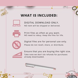 K&ouml;nnte beinhalten: Eine rosa und wei&szlig;e Grafik mit dem Text "WHAT IS INCLUDED:" und Symbolen, die einen Computer, einen Drucker, ein Nicht-Geld-Zeichen und ein Lineal darstellen. Der Text unter den Symbolen erkl&auml;rt, dass das Produkt nur ein digitaler Download ist, dass die Dateien so oft wie gew&uuml;nscht gedruckt werden k&ouml;nnen, dass die Dateien nur f&uuml;r den pers&ouml;nlichen Gebrauch bestimmt sind und dass der K&auml;ufer sicherstellen sollte, dass er die richtige Gr&ouml;&szlig;e kauft.