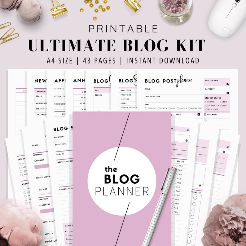 May include: A printable blog planner kit with 43 pages in A4 size. The cover features a pink background with a white circle that says "the BLOG PLANNER".