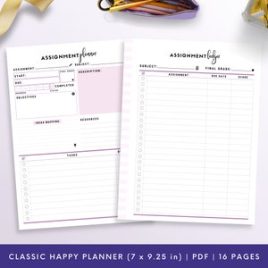 K&ouml;nnte beinhalten: Eine druckbare Planerseite mit einem lila und wei&szlig;en Design. Die linke Seite der Seite ist mit "Assignment Planner" beschriftet und hat Abschnitte f&uuml;r Aufgabendetails, Ziele, Ideenkartierung, Ressourcen und Aufgaben. Die rechte Seite der Seite ist mit "Assignment Ledger" beschriftet und hat Abschnitte f&uuml;r Fach, Aufgabe, F&auml;lligkeitstermin, Punktzahl und Endnote.