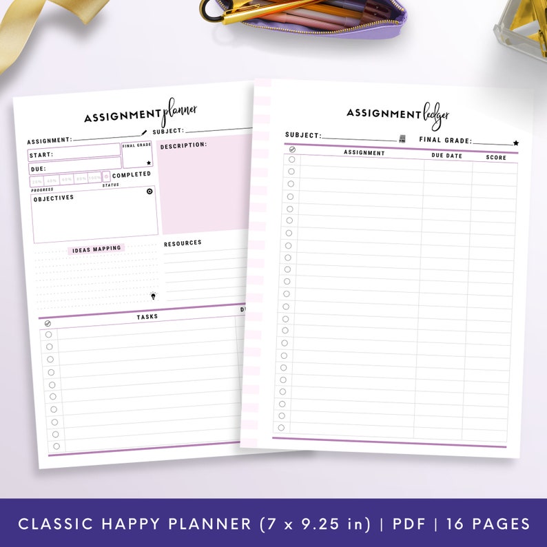 K&ouml;nnte beinhalten: Eine druckbare Planerseite mit einem lila und wei&szlig;en Design. Die linke Seite der Seite ist mit "Assignment Planner" beschriftet und hat Abschnitte f&uuml;r Aufgabendetails, Ziele, Ideenkartierung, Ressourcen und Aufgaben. Die rechte Seite der Seite ist mit "Assignment Ledger" beschriftet und hat Abschnitte f&uuml;r Fach, Aufgabe, F&auml;lligkeitstermin, Punktzahl und Endnote.