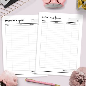 K&ouml;nnte beinhalten: Ein druckbarer Budget-Tracker mit zwei Seiten, eine f&uuml;r monatliche Ausgaben und eine f&uuml;r monatliche Einnahmen. Jede Seite hat Spalten f&uuml;r Datum, Beschreibung, Kategorie und Betrag.