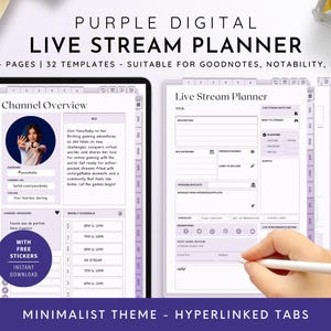 May include: Purple digital live stream planner with 850+ pages and 32 templates. The planner is designed for use with Goodnotes, Notability, and other note-taking apps. The planner includes a channel overview, weekly schedule, and live stream planner sections. The planner has a minimalist theme with hyperlinked tabs.