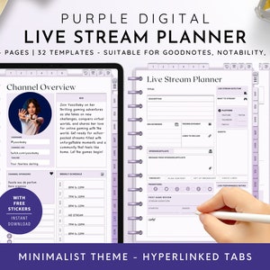 May include: Purple digital planner with a minimalist theme and hyperlinked tabs. The planner is designed for live streaming and includes a channel overview, weekly schedule, and live stream planner sections. The planner is suitable for Goodnotes, Notability, and other note-taking apps.