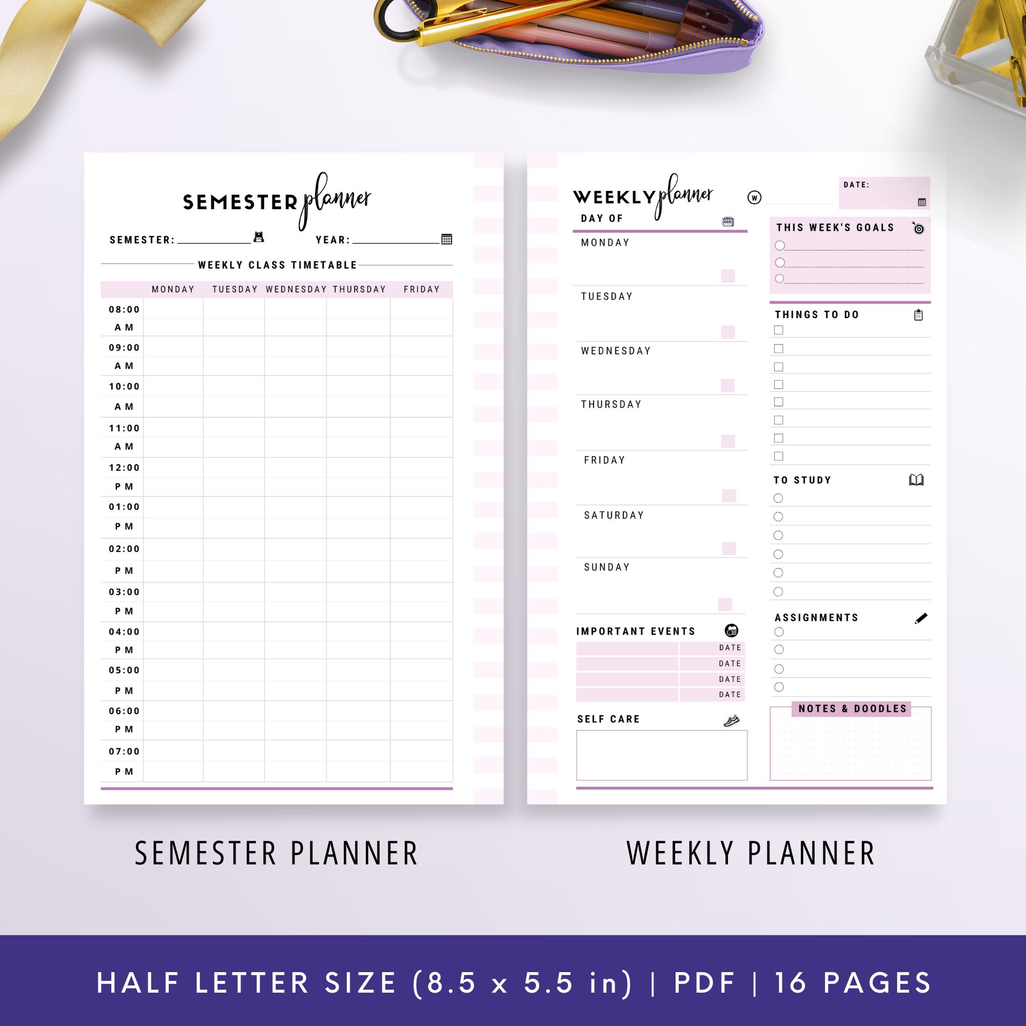 Half Letter, Student Planner Printable , Study Planner, School Planner ...