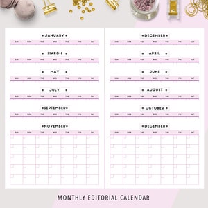May include: A printable monthly editorial calendar with a pink and white color scheme. The calendar is divided into two columns, one for each month of the year. Each month is labeled with a circle around the month name. The calendar is designed to help you plan and track your editorial content.