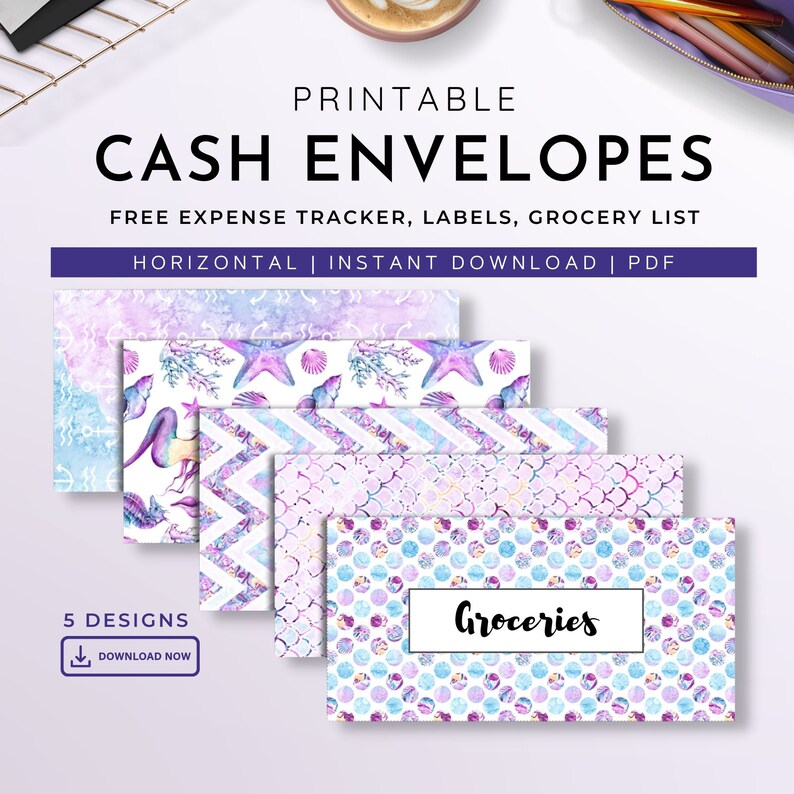 Printable Cash Envelopes Set of 5 Mermaid Pack Budget Envelopes image 1