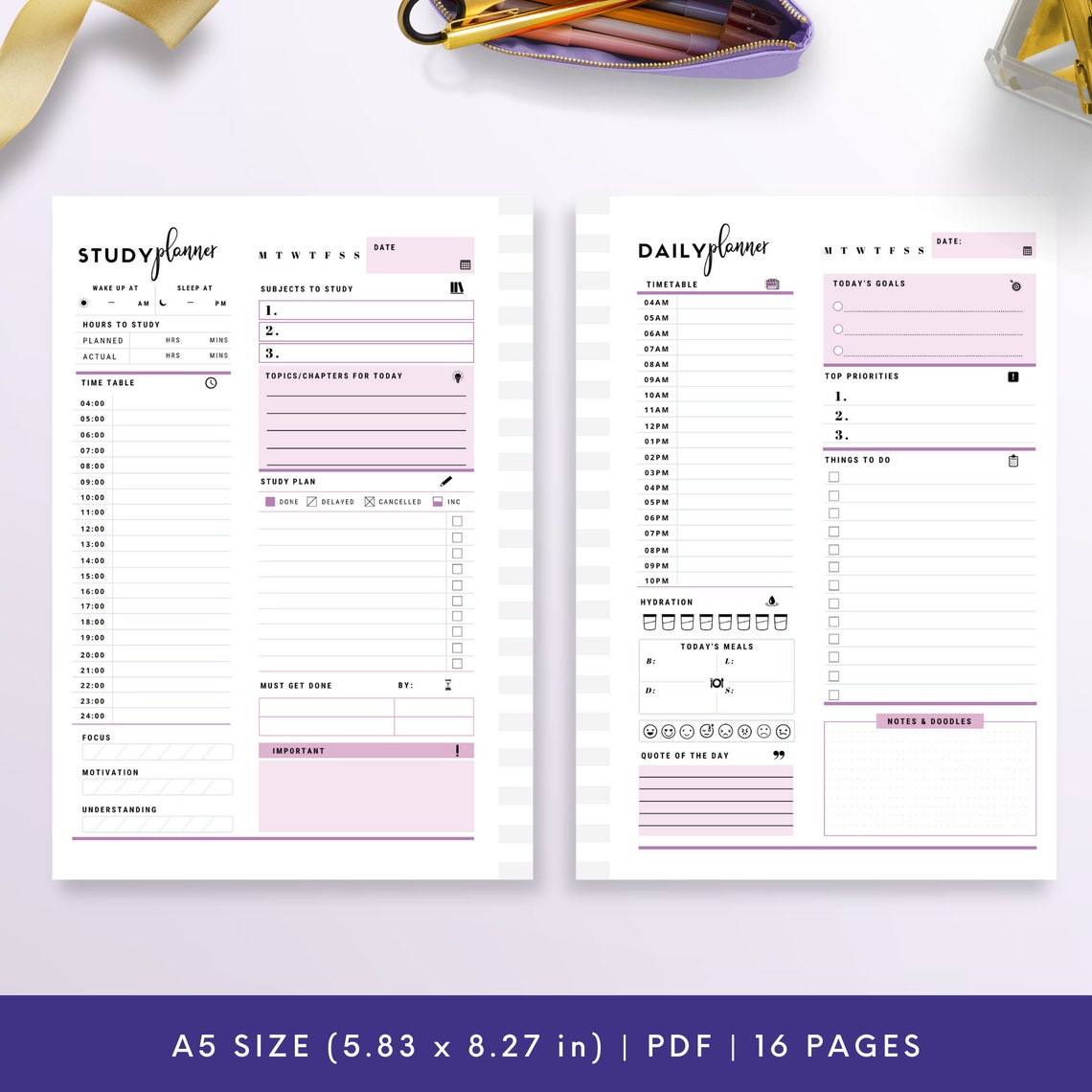 A5, Student Planner Printable (lavender), Study Planner, School Planner ...