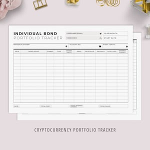 K&ouml;nnte beinhalten: Ein druckbarer Tracker f&uuml;r Anleihen- und Kryptow&auml;hrungs-Portfolios. Der Tracker enth&auml;lt Abschnitte f&uuml;r Datum, Anleihenemittent, Symbol, Typ, Aktien, Preis, Nennwert, F&auml;lligkeit, Gesamtkosten, Zinsertr&auml;ge, Gesamtkosten, Gesamtzinsertr&auml;ge und Gesamtwert.
