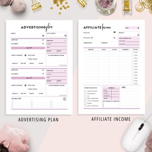 May include: A printable planner with two pages, one for advertising plans and the other for affiliate income tracking. The advertising plan page has sections for month, campaign, placement, target audience, cost/lead, target reach, results, and a to-do list. The affiliate income page has sections for affiliate, affiliate link, commission %, currency, month, sales, clicks, earnings, status, promotion method, and summary.