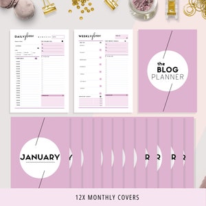 May include: A set of 12 printable monthly planner covers in a light pink color with a white circle containing the month name and a black diagonal line. The text "12x MONTHLY COVERS" is at the bottom of the image.