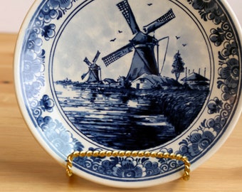 Delft Decor Holland Windmill Plates Blue and White Plates collectible Plates Holland Decor Sweden Decor Wooden Dock Stone Arch Bridge Etsy