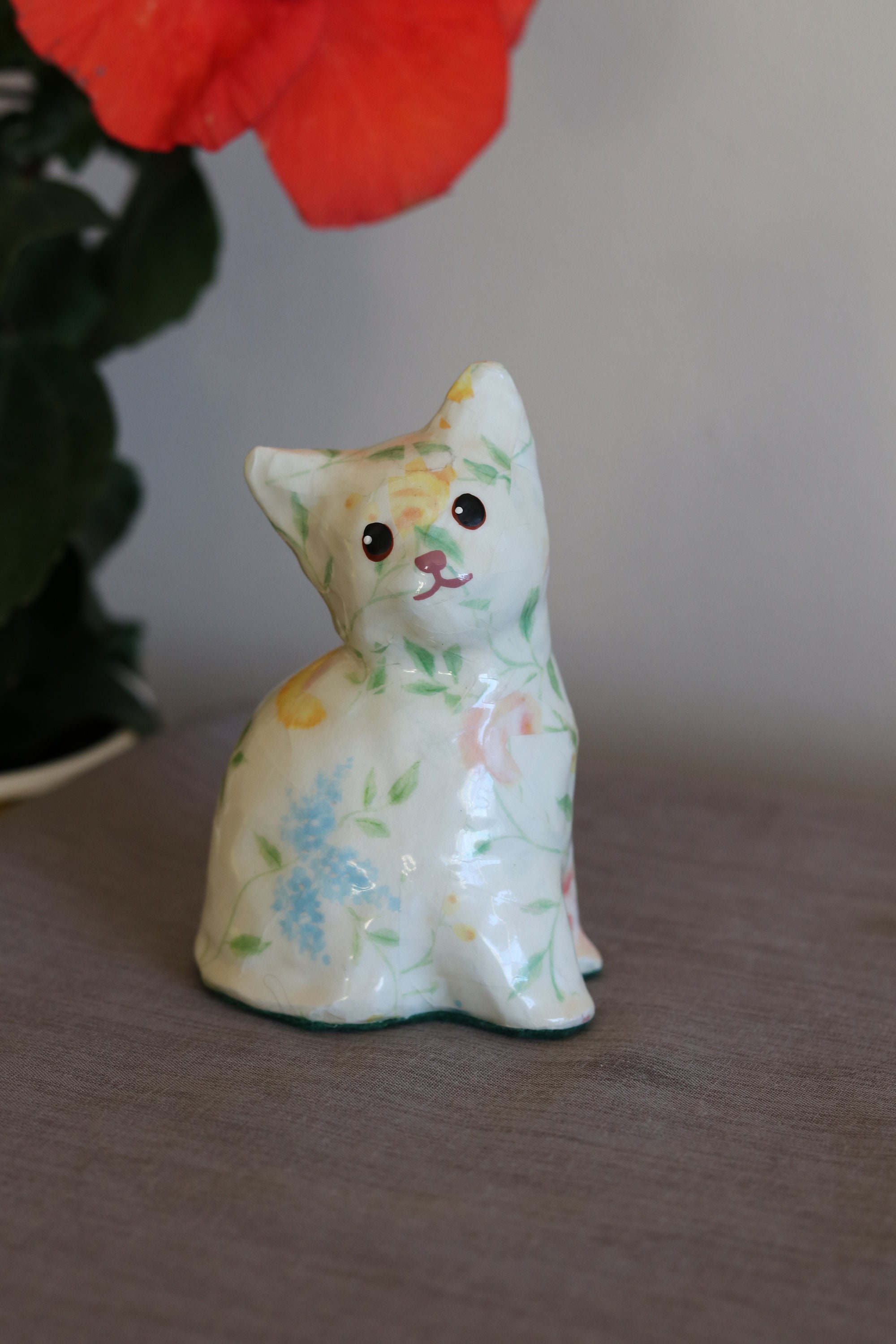 Vintage CAT FIGURINE 80s Decoupage Cat Floral Figurines & Etsy