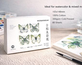 Portable Watercolor Paper Block – 100% Cotton, Cold Press,  80 Sheets, 300gsm/140lbs, POTENTATE
