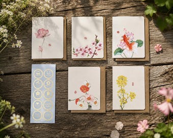 Botanical Greeting Cards Set, Traditional Eastern Floral Art, Blank Notes (5 Cards)