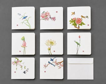 8 Unique Designs, Chinese Gongbi Flower Bird Folded Cards | Traditional Art Stationery (Blank Note)