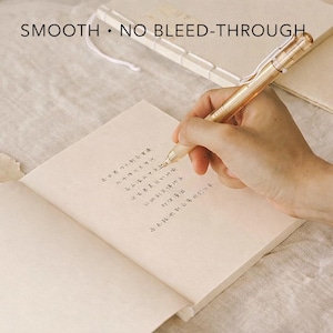 Pu&ograve; includere: Una mano scrive in un taccuino con una penna d'oro. Il taccuino &egrave; aperto su una pagina bianca con testo scritto a mano. Il testo "SMOOTH &bull; NO BLEED-THROUGH" &egrave; nella parte superiore dell'immagine. Il taccuino e la penna sono su una superficie chiara.