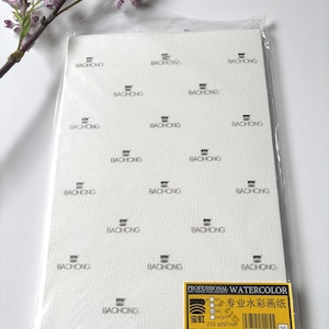 Puede incluir: Un paquete de papel de acuarela profesional Bachong blanco en un envoltorio de plástico transparente. El papel presenta un patrón repetido del logotipo de Bachong. Una etiqueta amarilla en la parte inferior derecha muestra el texto Professional Watercolor, 210 x 297mm y 20.