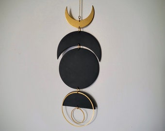 Wall + Window Hanging | Black Crescent Moon | Raw Brass | Polymer Clay | Handmade
