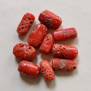 Puede incluir: Un conjunto de cuentas de coral rojo vibrante. Las piezas de coral varían en tamaño y forma, algunas mostrando texturas y agujeros naturales. Las cuentas están dispuestas sobre una superficie clara, mostrando su rico color y formas orgánicas.