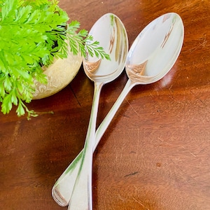 May include: Two polished silver-toned metal spoons with smooth, rounded bowls and slender handles. The spoons are positioned in a crossed arrangement, reflecting light on their metallic surfaces, showcasing a simple, functional design for dining.