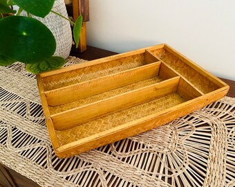 Vintage woven cane cutlery tray.