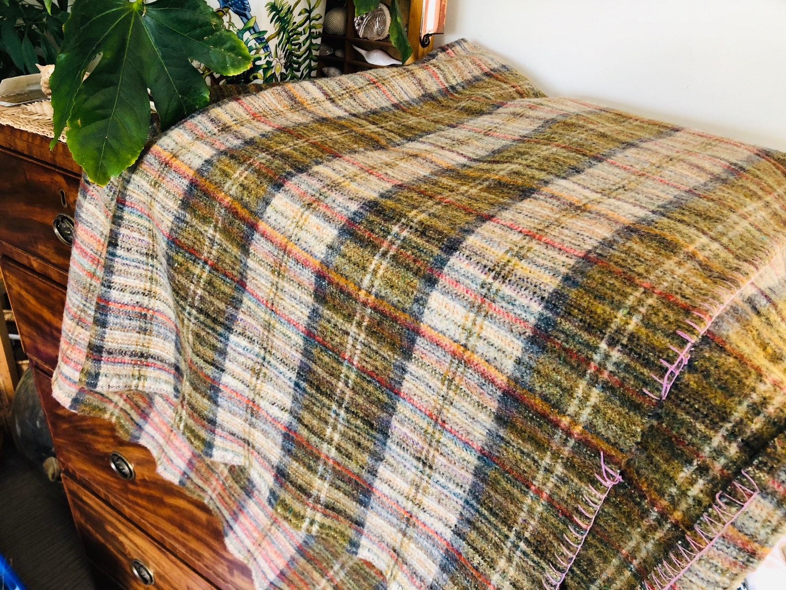 Lovely 1960s olive checked single bed blanket Etsy
