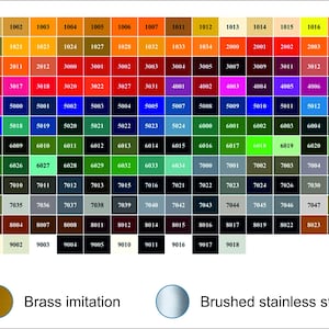 May include: A color chart with a grid of numbered color swatches, ranging from yellows and oranges to blues and greens. Includes "Brass imitation" and "Brushed stainless steel" color samples.