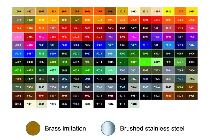 May include: A color chart with a grid of numbered color swatches, ranging from yellows and oranges to blues and greens. Includes "Brass imitation" and "Brushed stainless steel" color samples.