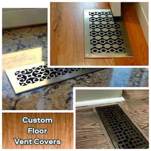 Peut inclure: Un collage de grilles d'aération de sol personnalisées avec différents motifs et finitions. Les grilles sont présentées installées sur différents types de revêtements de sol, dont le bois et la pierre. Le texte "Custom Floor Vent Covers" est affiché.