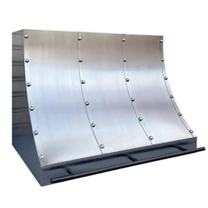 May include: Stainless steel range hood with a curved design. The hood features a brushed metal finish, riveted accents, and a black bar along the bottom. The design is modern and industrial.
