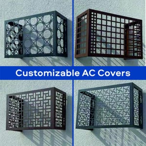 May include: Four decorative AC covers in various geometric patterns and colours, mounted on a light-coloured wall. The covers are in shades of black and brown. The text "Customizable AC Covers" is displayed in a blue banner.