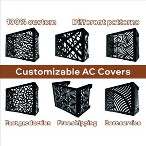 Op de afbeelding: Zwarte, aanpasbare AC-hoezen met diverse decoratieve patronen. De hoezen worden getoond in verschillende ontwerpen, waaronder blad- en geometrische patronen. Tekst op de afbeelding luidt "100% custom", "Verschillende patronen", "Aanpasbare AC Covers".