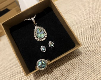 Abalone Shell Jewelry Set: Necklace, Ring & Earrings