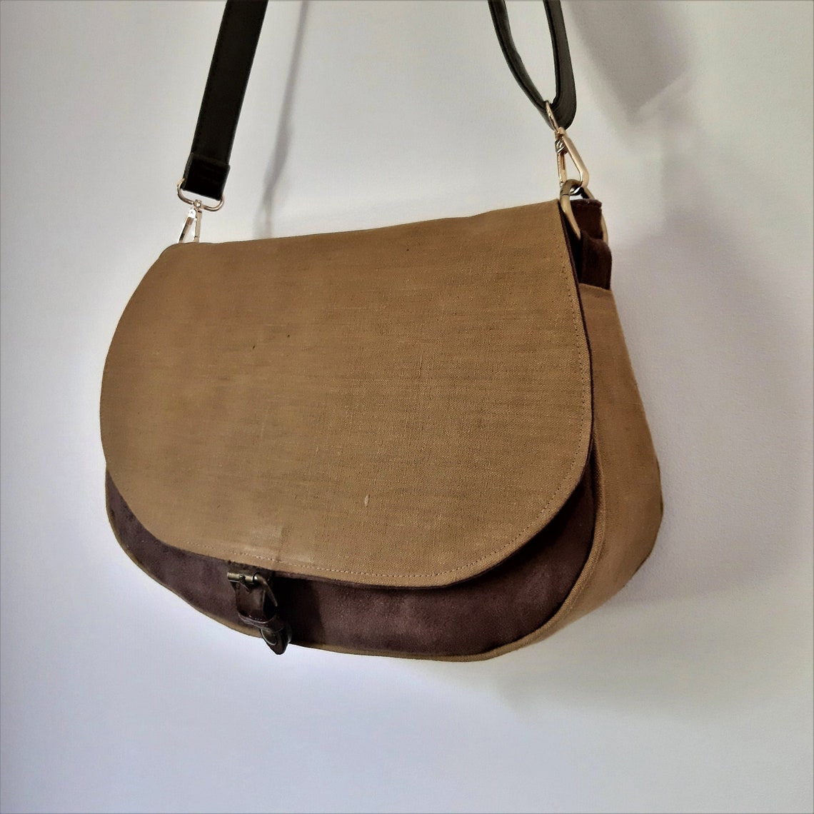 Bag with a brown suede shoulder strap and khaki cotton canvas Etsy