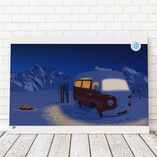 Winter camping - Illustration sur toile 60x40 cm - 60x40 cm drawing on canvas