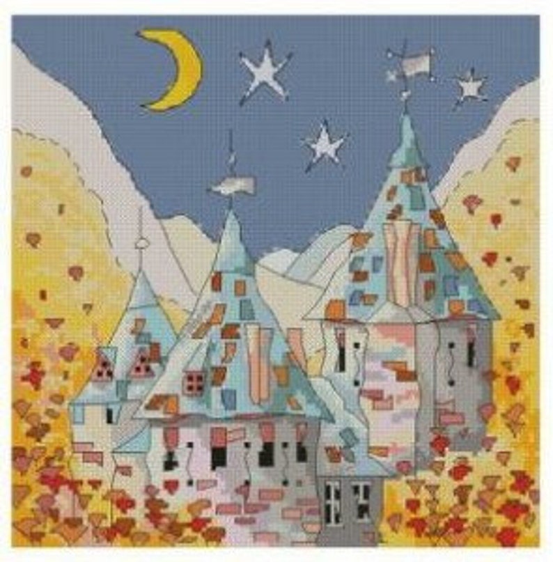 PDF Fairytale Castle Cross Stitch Digital Cross Stitch Pattern PDF Bright Cross Stitch Modern Xstitch Chart Embroidered Picture
