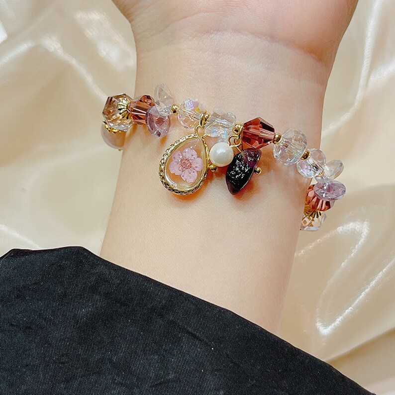 Pink Flower Bead Bracelet Jade Good Luck Jewelry Birthday Etsy