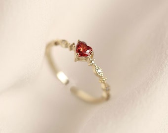 Gold Red Heart Dainty Ring, Gemstone Setting Ring, Stacking Ring, Tiny Gemstone Ring, 925 Sterling Silver Ring, Thin Ring, Gift for Her.