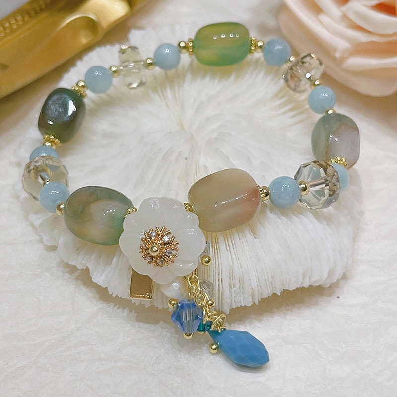 Blue Flower Bead Bracelet Jade Good Luck Jewelry Birthday - Etsy