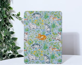 May include: A rectangular, light blue surface with a repeating pattern of various cat breeds among floral and plant elements. The cats are depicted in shades of gray, orange, and white. The design has a vintage, botanical aesthetic.