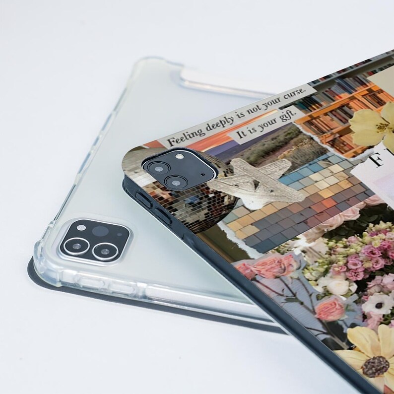 May include: A clear phone case with a collage design. The collage includes floral elements, a mirrored disco ball, and text that reads "Feeling deeply is not your curse. It is your gift."
