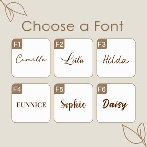 May include: A graphic showing six different font styles for names. The fonts are labelled F1 through F6. The names are Camille, Leila, Hilda, EUNNICE, Sophie, and Daisy.