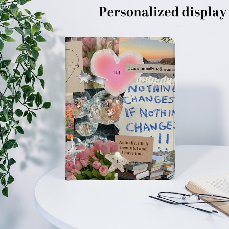 May include: A personalized display with a collage design. The design includes a pink heart with the number 444, disco balls, and text that reads "NOTHING CHANGES IF NOTHIN CHANGE". The display also features flowers and stars.