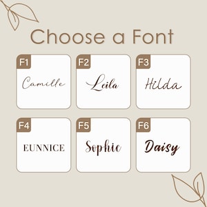 May include: Image showing six font choices, labelled F1 to F6. Each font is demonstrated with a name in a white square on a beige background. The text "Choose a Font" is at the top of the image.
