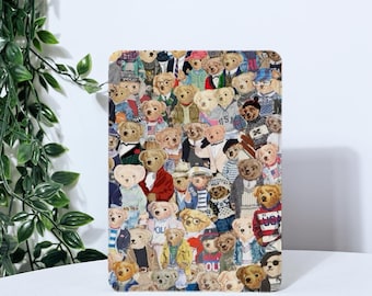 May include: A colorful illustration of a group of teddy bears wearing various clothing and accessories. The bears are arranged in a random pattern, creating a busy and playful design.