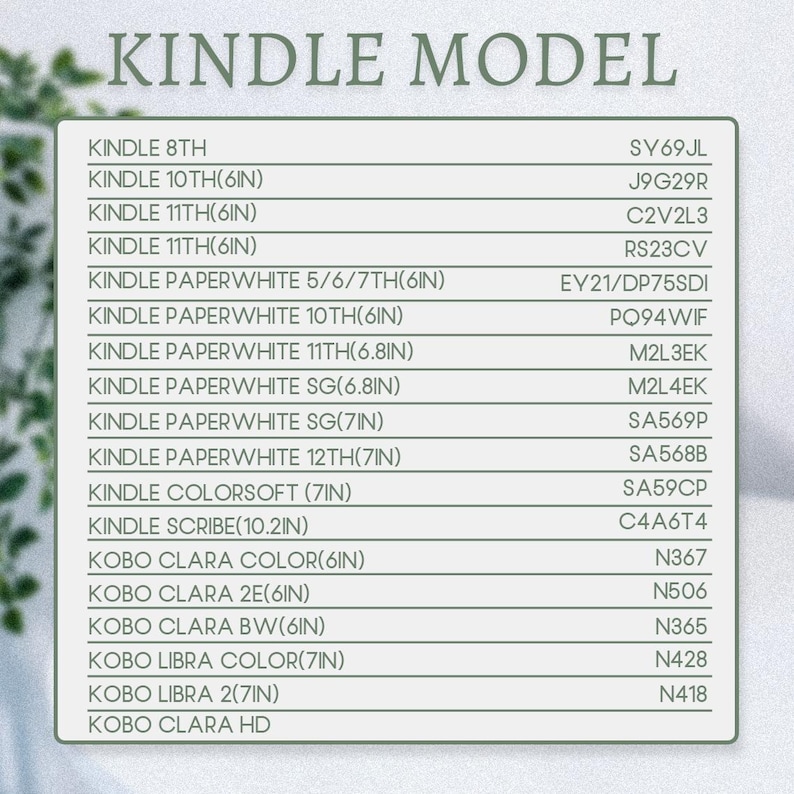 May include: A list of Kindle and Kobo e-reader models with their corresponding model numbers. The list includes the Kindle 8th, Kindle 10th (6in), Kindle 11th (6in), Kindle Paperwhite 5/6/7th (6in), Kindle Paperwhite 10th (6in), Kindle Paperwhite 11th (6.8in), Kindle Paperwhite SG (6.8in), Kindle Paperwhite SG (7in), Kindle Paperwhite 12th (7in), Kindle Colorsoft (7in), Kindle Scribe (10.2in), Kobo Clara Color (6in), Kobo Clara 2E (6in), Kobo Clara BW (6in), Kobo Libra Color (7in), Kobo Libra 2 (7in), and Kobo Clara HD.