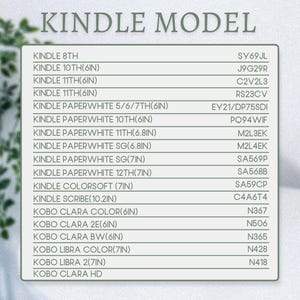 May include: A list of Kindle and Kobo e-reader models with their corresponding model numbers. The list includes the Kindle 8th, Kindle 10th (6in), Kindle 11th (6in), Kindle Paperwhite 5/6/7th (6in), Kindle Paperwhite 10th (6in), Kindle Paperwhite 11th (6.8in), Kindle Paperwhite SG (6.8in), Kindle Paperwhite SG (7in), Kindle Paperwhite 12th (7in), Kindle Colorsoft (7in), Kindle Scribe (10.2in), Kobo Clara Color (6in), Kobo Clara 2E (6in), Kobo Clara BW (6in), Kobo Libra Color (7in), Kobo Libra 2 (7in), and Kobo Clara HD.
