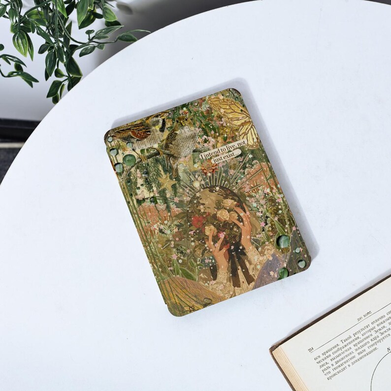 May include: A collage-style design on a tablet case with a green, brown, and white color scheme. The text "I intend to live, not just exist" is featured on the case.